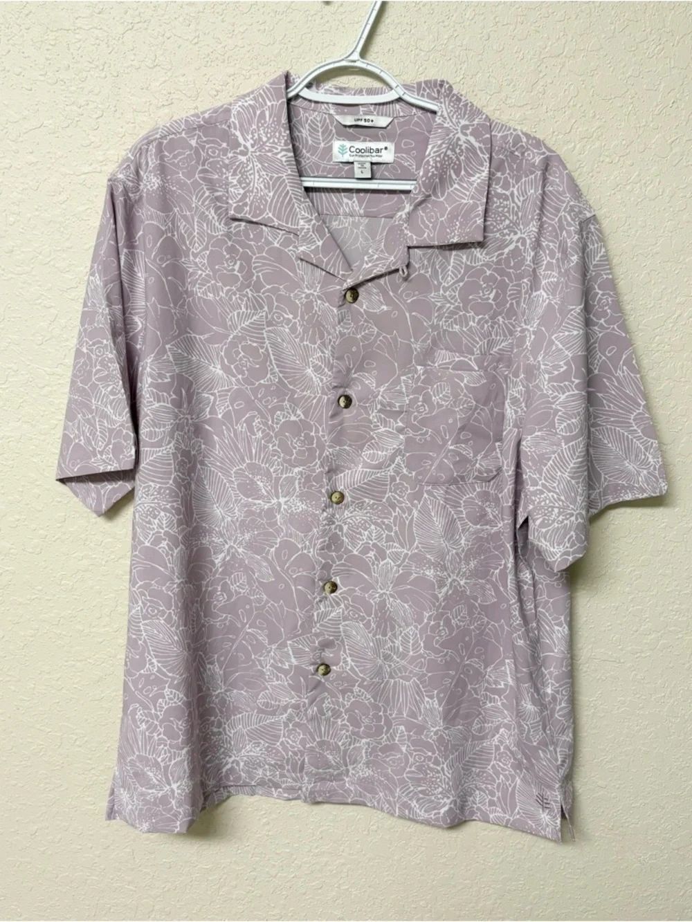 Coolibar Purple Print Short Sleeve Button Shirt Size L UPF 50+ Sun Protection